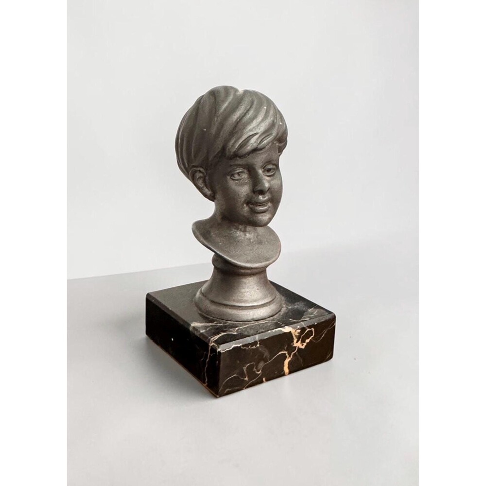 Vintage Metal Boy Bust Statue Black Marble Base Heavy Mid Century Sculpture 50s